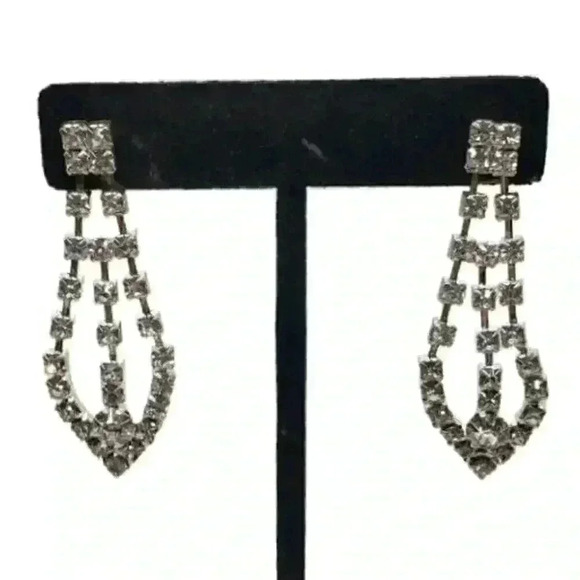 Vintage Earrings Rhinestone Long Dangle Wedding Sparkle Statement Pierced - Picture 1 of 7